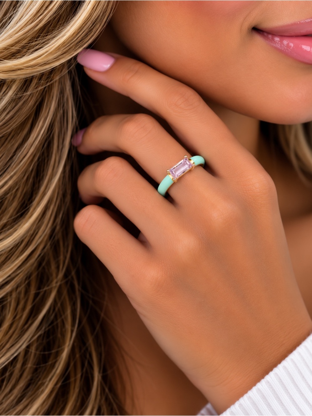 Gold Luxury Baguette Crystal Enamel Ring